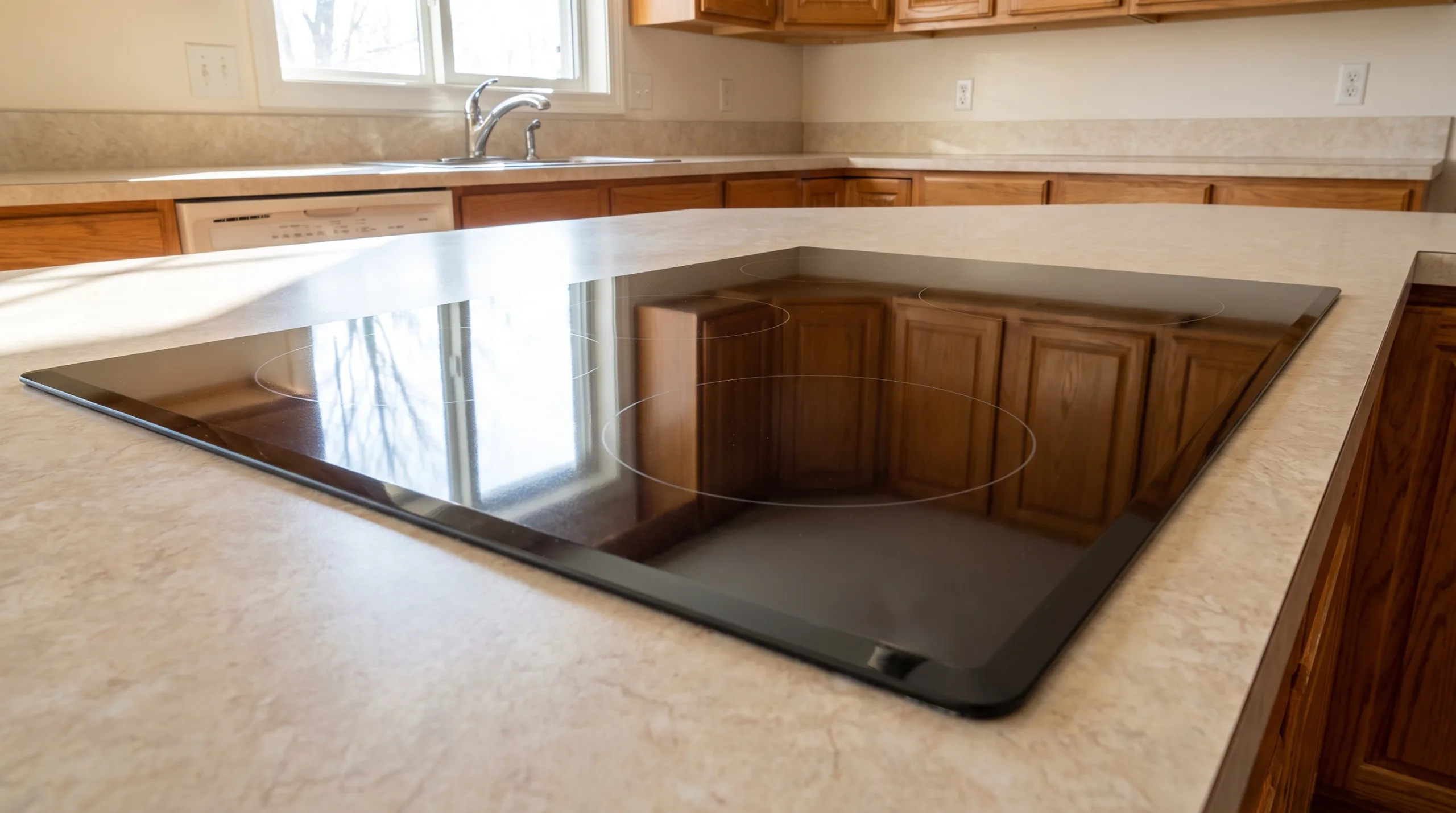 Photorealistic shot of a sparkling clean, standard black electric stovetop and standard formica countertops in a typical middle-class American kitchen. Gleaming, streak-free surfaces reflecting bright natural lighting. Clean aesthetic, flawless condition, completely empty, no people, no cleaning tools.