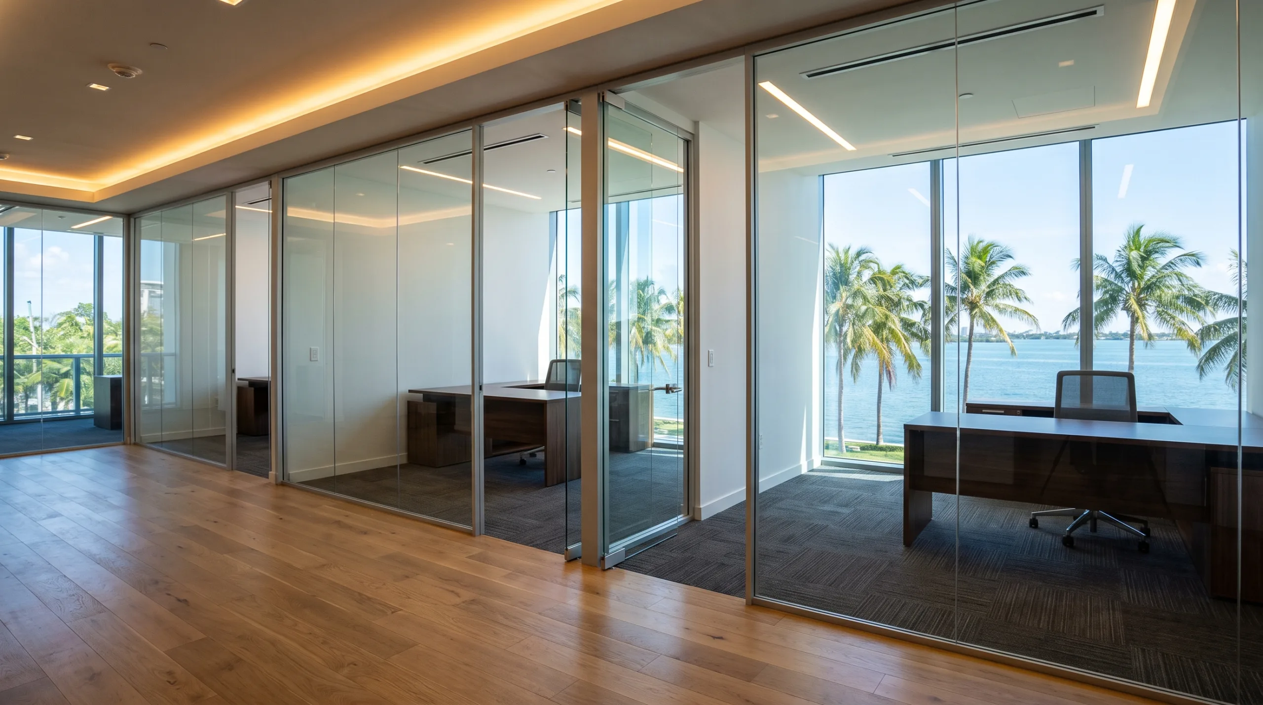 Ultra-realistic commercial interior photograph of a pristine upscale coastal restaurant dining room in South Florida. Spotless polished concrete floors, perfectly wiped wooden dining tables, ambient designer pendant lights, open spotless stainless steel kitchen surfaces in the background. Bright, airy, sun-drenched atmosphere with tropical greenery outside the clean glass windows. Completely empty, no people, no text, hyper-detailed, architectural digest photography.