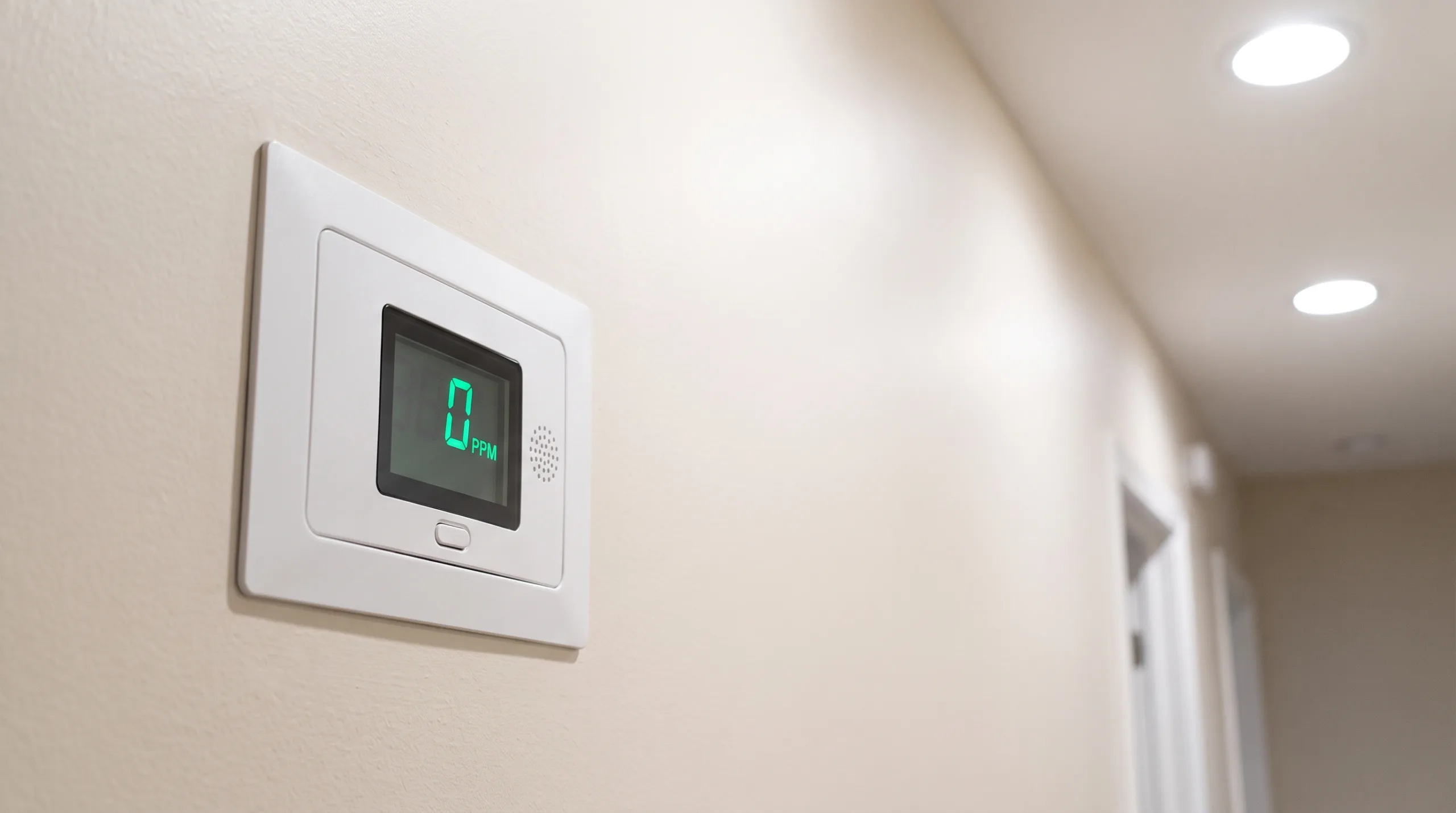 Photorealistic cover image of a perfectly installed, flush-mounted white digital carbon monoxide detector unit on a clean, neutral-painted hallway wall. The screen is clear, professional aesthetic, bright technical lighting, no hands, strictly no faces.