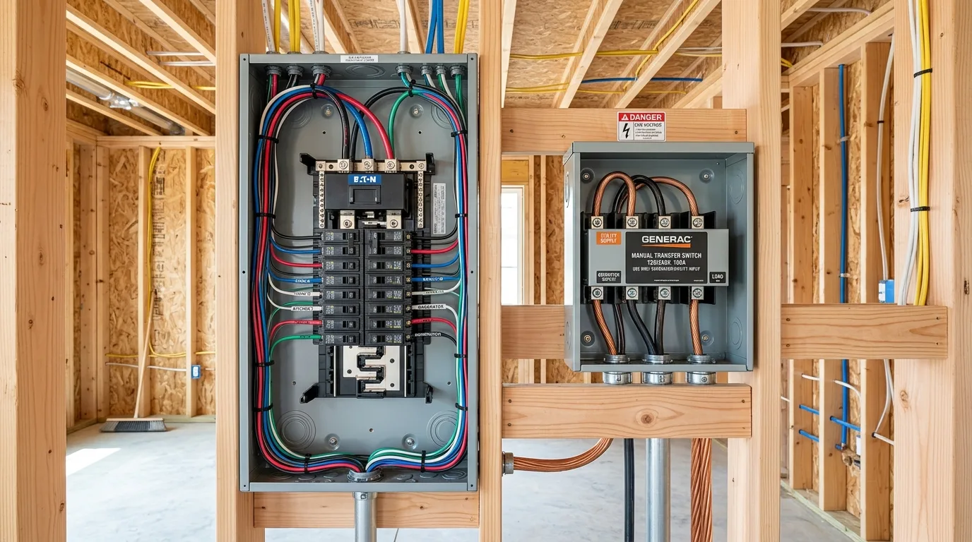 High-end photorealistic cover image focusing on a beautifully executed electrical remodeling project in the pre-drywall stage. The scene highlights newly integrated, spotless electrical sub-panels and modern transfer switches flawlessly mounted onto clean, exposed wooden framing studs. Impeccably organized, colorful wire bundles are routed neatly into the open panels, showcasing meticulous professional organization before the walls are closed up. Pristine construction site aesthetic, brilliant lighting, strictly no hands, no tools, no faces.