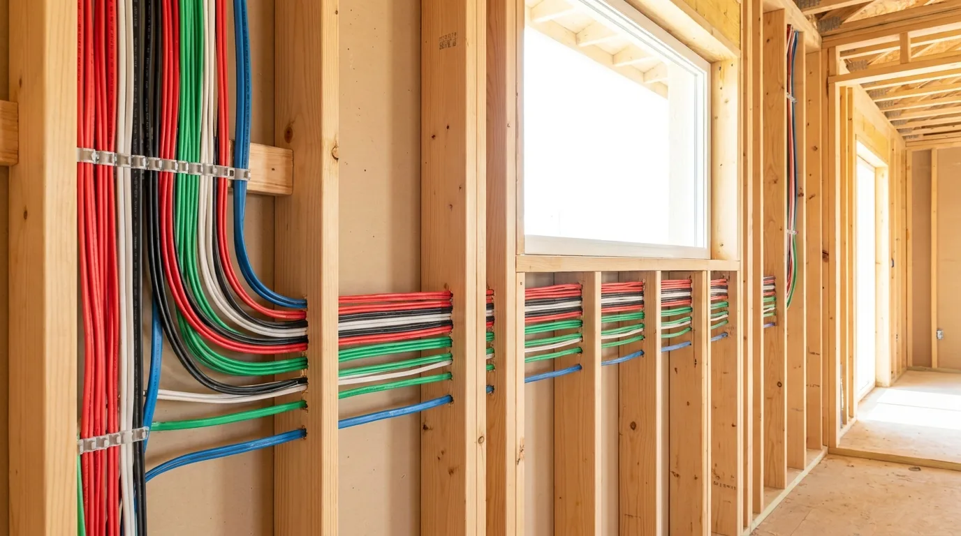 High-end photorealistic cover image of pristine, brand new color-coded electrical copper wires with immaculate sheathing perfectly routed and neatly secured along clean wooden framing studs inside a modern Florida home undergoing a premium electrical upgrade. The scene is flawless, bright, and highly organized, showcasing ultimate professional wire management. Brilliant natural lighting, meticulous work, no hands, no tools, strictly no faces, purely brand new materials, no old wires.