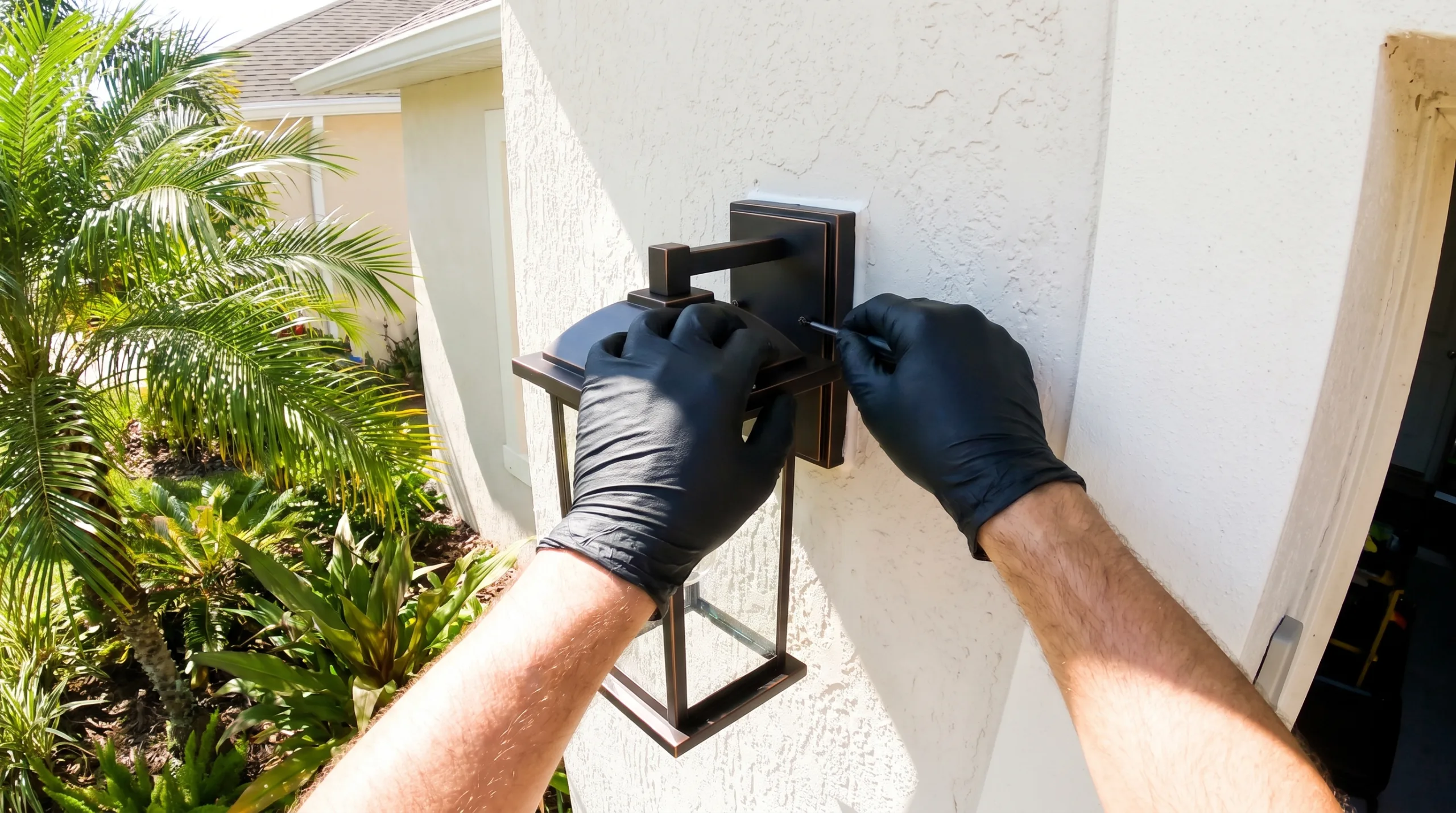 Photorealistic POV shot of clean black gloved hands securing a new modern bronze wall lantern fixture next to a front entryway of a medium-sized American suburban stucco home in a Florida-style architecture. Tropical foliage like palmetto plants and intense sunlight illuminate the off-white stucco wall. Immaculate execution, perfect seals, strictly no faces, bodies cropped out.