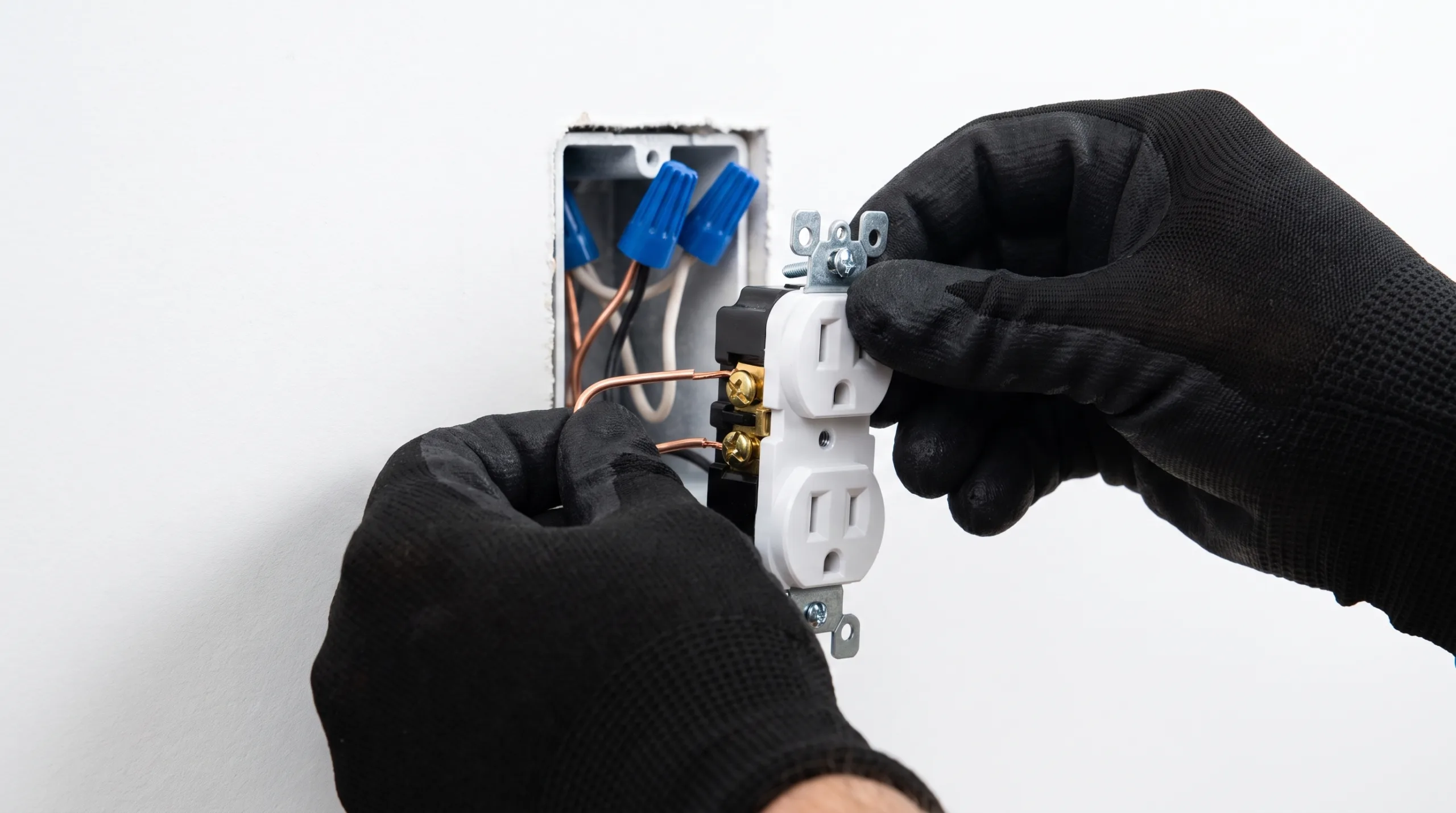 Photorealistic close-up POV shot of a man's hands wearing brand new, clean professional electrician's black work gloves using a clean cordless screwdriver to secure a newly inspected and repaired white electrical outlet plate. Flawless execution, spotless residential wall, bright lighting, strictly no faces, bodies cropped out, no text.