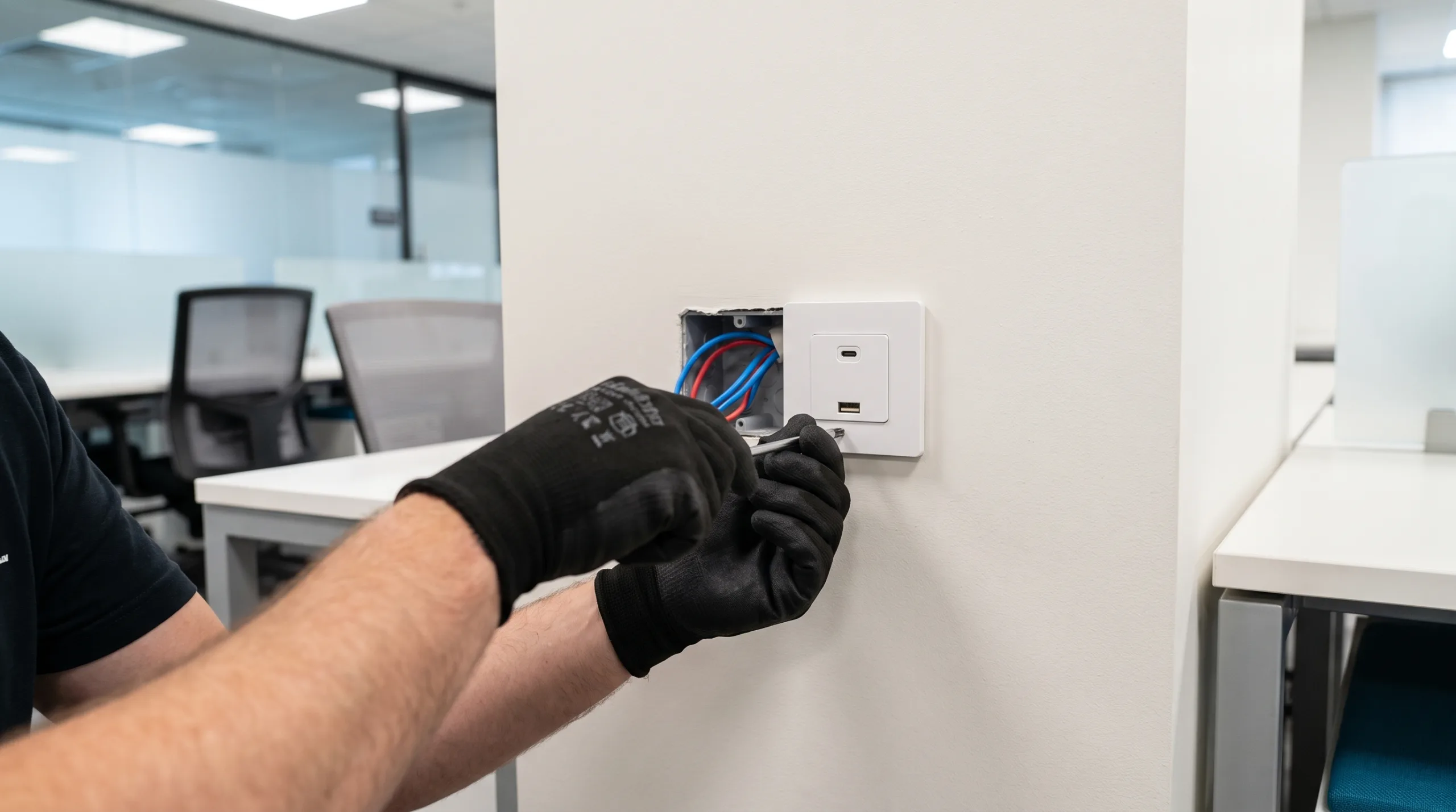 Photorealistic close-up POV shot of a man's hands wearing brand new, clean professional electrician's black work gloves expertly installing a modern white electrical wall outlet featuring integrated USB charging ports. The outlet is being mounted onto a pristine wall inside a clean, modern corporate office environment. Perfect wire management, bright office lighting, highly professional aesthetic, strictly no faces, bodies cropped out, no text.