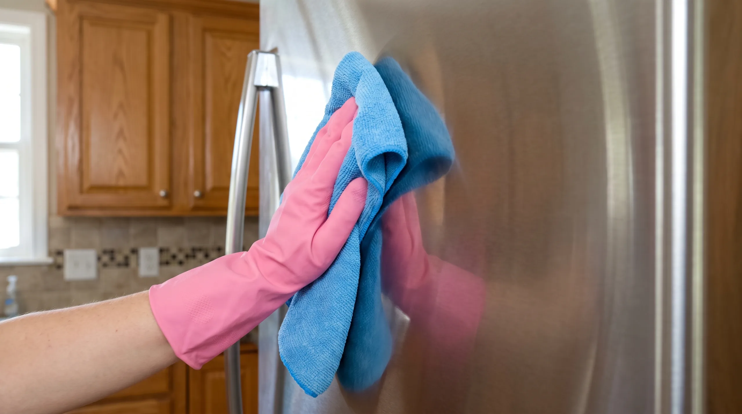 Photorealistic close-up POV shot of a woman's hand wearing a pink rubber glove using a microfiber cloth to polish the stainless steel door of a standard American kitchen refrigerator. The surface is gleaming and streak-free. Typical wooden cabinets in the blurred background. Strictly no faces, body cropped out.