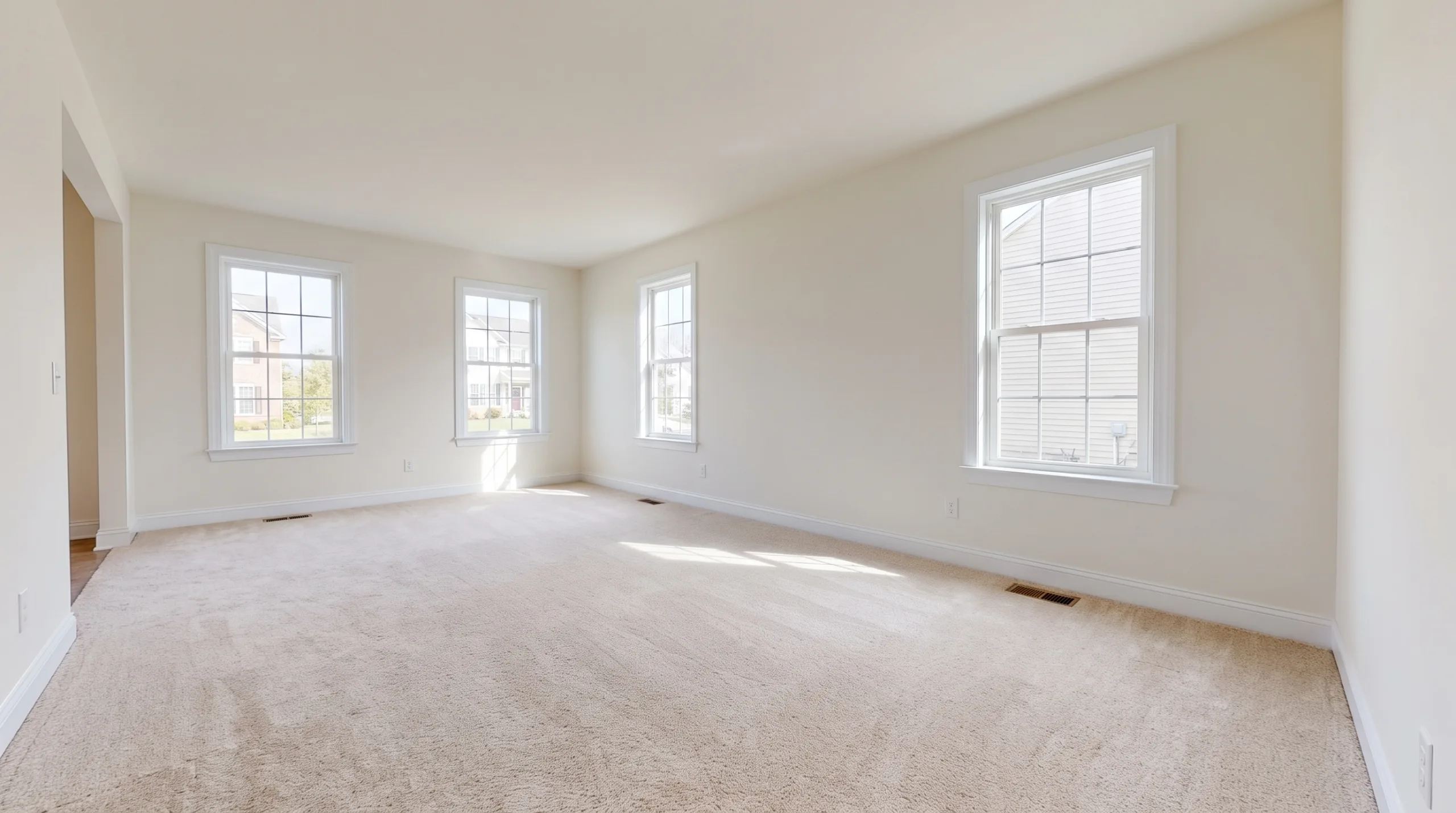 Photorealistic image of a pristine, standard-sized American suburban living room, deeply cleaned. Regular windows, clean beige carpet, bright natural light, empty room, zero dust, cozy and practical clean aesthetic.