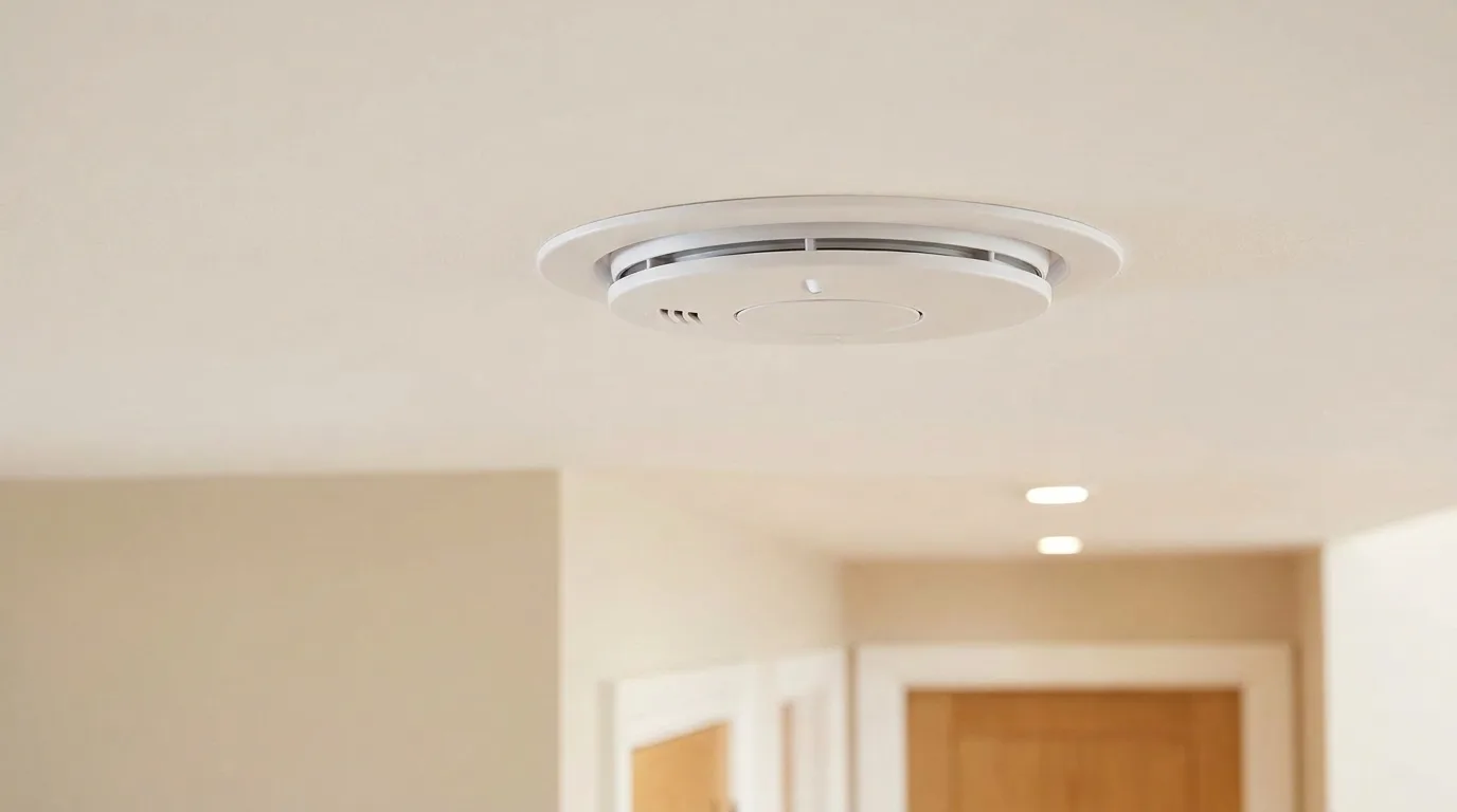 Photorealistic cover image focusing on a single, perfectly installed, spotless white modern smoke detector mounted flush against a flawless hallway ceiling in a medium-sized Florida home. Immaculate finish, perfect ceiling interface, bright lighting, no hands, strictly no faces.