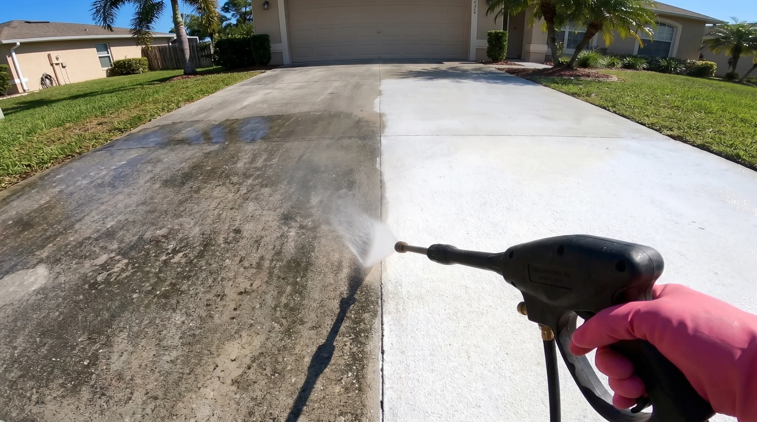Photorealistic close-up POV shot of a woman's hands wearing pink rubber gloves holding a plain pressure washer wand (no text, no logos) spraying a high-pressure water jet onto a standard concrete driveway outside a typical Florida suburban home. Exactly half the concrete is dirty, the other half instantly bright white. Bright sunny day, strictly no faces, bodies cropped out.
