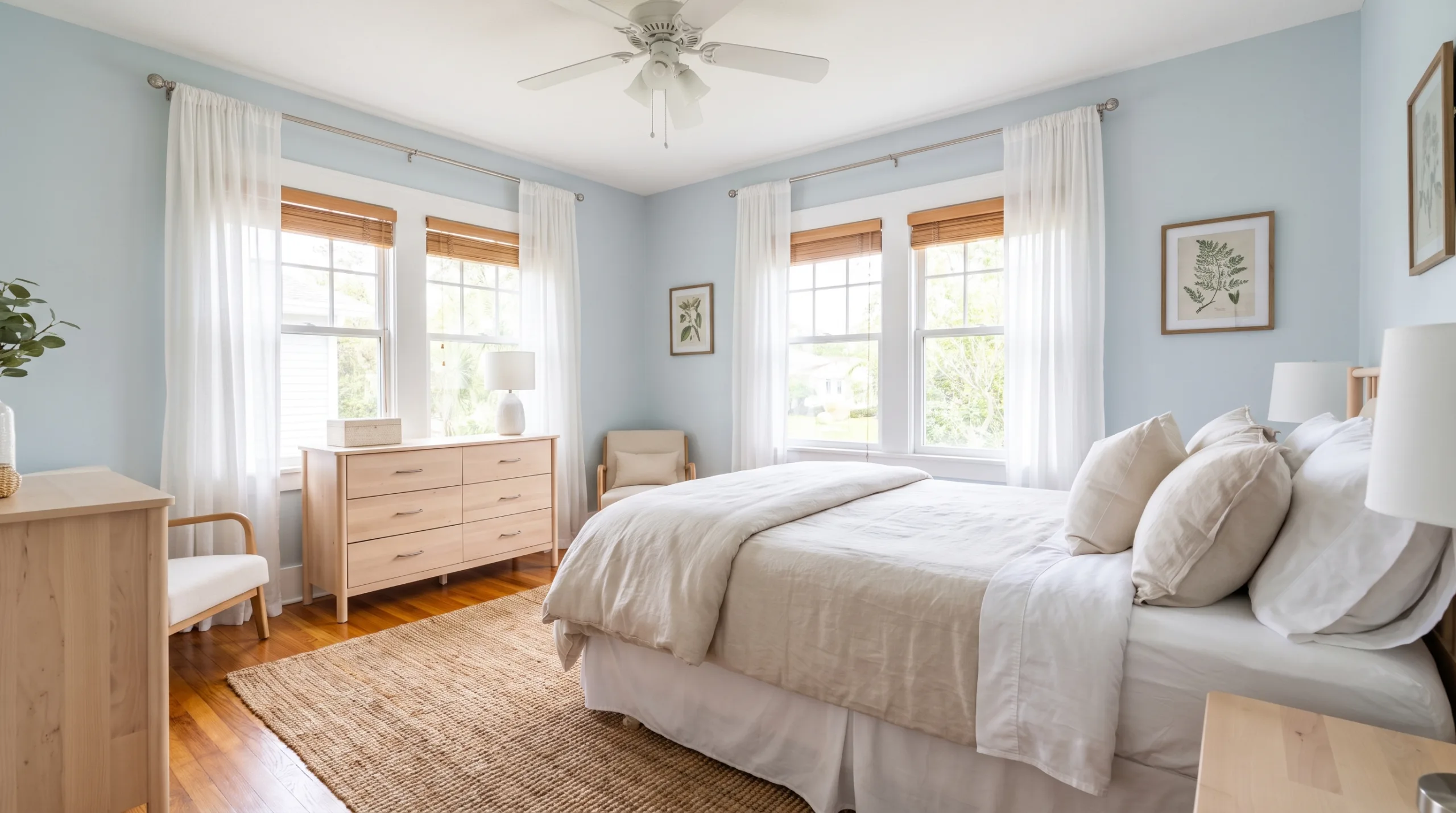Photorealistic image of a tidy and freshly cleaned typical American bedroom. Standard queen-size bed with simple clean linens, regular bedroom size, bright and airy, Florida home style, soft daylight, inviting, no people.